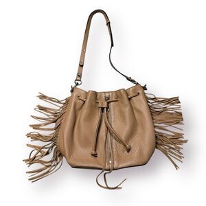 Rebecca Minkoff Tan Fringe Leather Crossbody Shoulder Bag Drawstring w/ Dust Bag